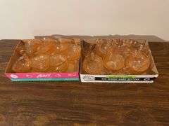 Pink depression glass mugs and sugar/cream containers