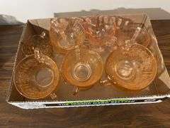 Pink depression glass mugs and sugar/cream containers