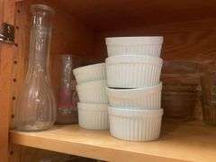 Contents of shelf including ramekins, vases & small Pyrex dishes