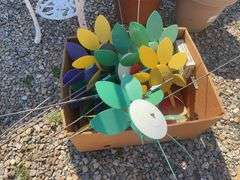 Large lot of outdoor items including fountains, garden hose with reel, plant stand, basket, planters