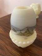 (4) pieces of Fenton - including owl dish, pitcher, bowl, and hand painted candle