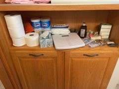 Shelf of bathroom contents - toiletries, cleaning supplies, and more
