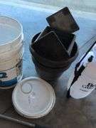 (2) 5 gallon buckets with lids, flower pots, sprayer, and hose nozzle