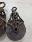 2 wooden pulleys & tongs