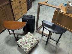 (2) end tables, upholstered stool, suitcase, and unfinished coffee table