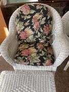 wicker loveseat, (2) patio chairs w/ matching stand