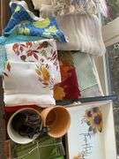 Seasonal decor including thankful tray, dish towels, seashells, planters & more