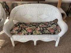 wicker loveseat, (2) patio chairs w/ matching stand