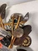 Decorative clock, baskets, and wooden pieces