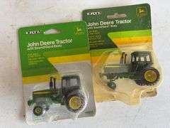 (3) John Deere model tractors, (1) rotary cutter, and (2) implements - 1/64 scale
