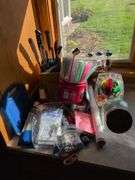 Knives with knife block, jars, flashlight, and other household items