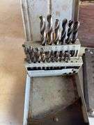 Wooden crate of miscellaneous drill bits