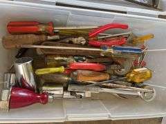 Tote w/ small indoor extension cords & tote w/ tools including screwdrivers & more