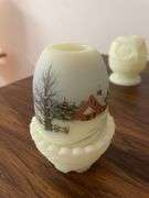 (4) pieces of Fenton - including owl dish, pitcher, bowl, and hand painted candle