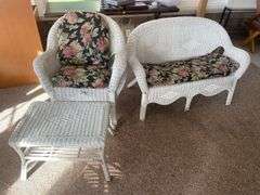 wicker loveseat, (2) patio chairs w/ matching stand