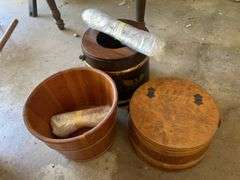 Nut cracker bucket, wooden planter w/ legs & sewing basket