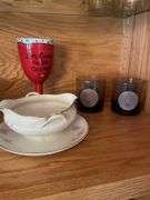 (2) shelves of glassware - stem, drinking cups, and more