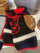 Blankets, seat cushions, Easton trash bin, and basket