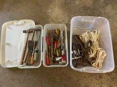 Tote w/ small indoor extension cords & tote w/ tools including screwdrivers & more