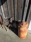 Milk can, cast bench, end tongs