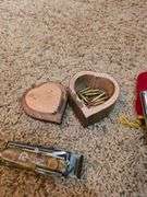 Handwarmer, knife & small wooden box with loose ammo