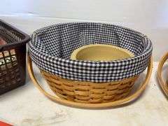 Baskets, cloth, and antique magazines