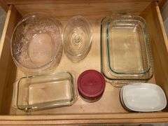(2) Pyrex cake pans, Pyrex bread pan, casserole dish & more