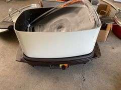 Kitchen lot including crock pot, frying pan, oster knife set & more