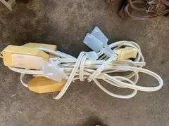 Tote w/ small indoor extension cords & tote w/ tools including screwdrivers & more