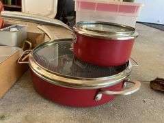 Kitchen lot including crock pot, frying pan, oster knife set & more