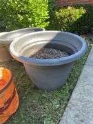 (2) large plastic planters, ceramic planter & decorative basket planter covers