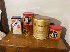 (5) vintage tins - (3) Ritz, Nabisco, and Cape Cod