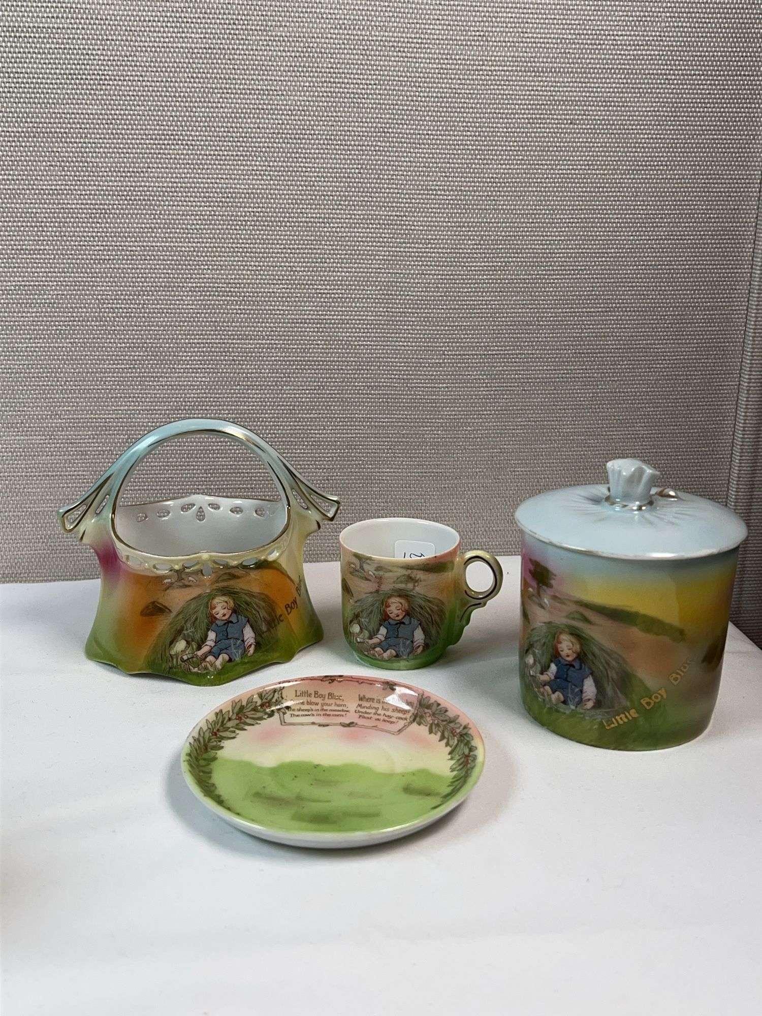 Royal Bayreuth “Little Boy Blue” Porcelain Lot – Basket, Mug, Plate & Biscuit Jar