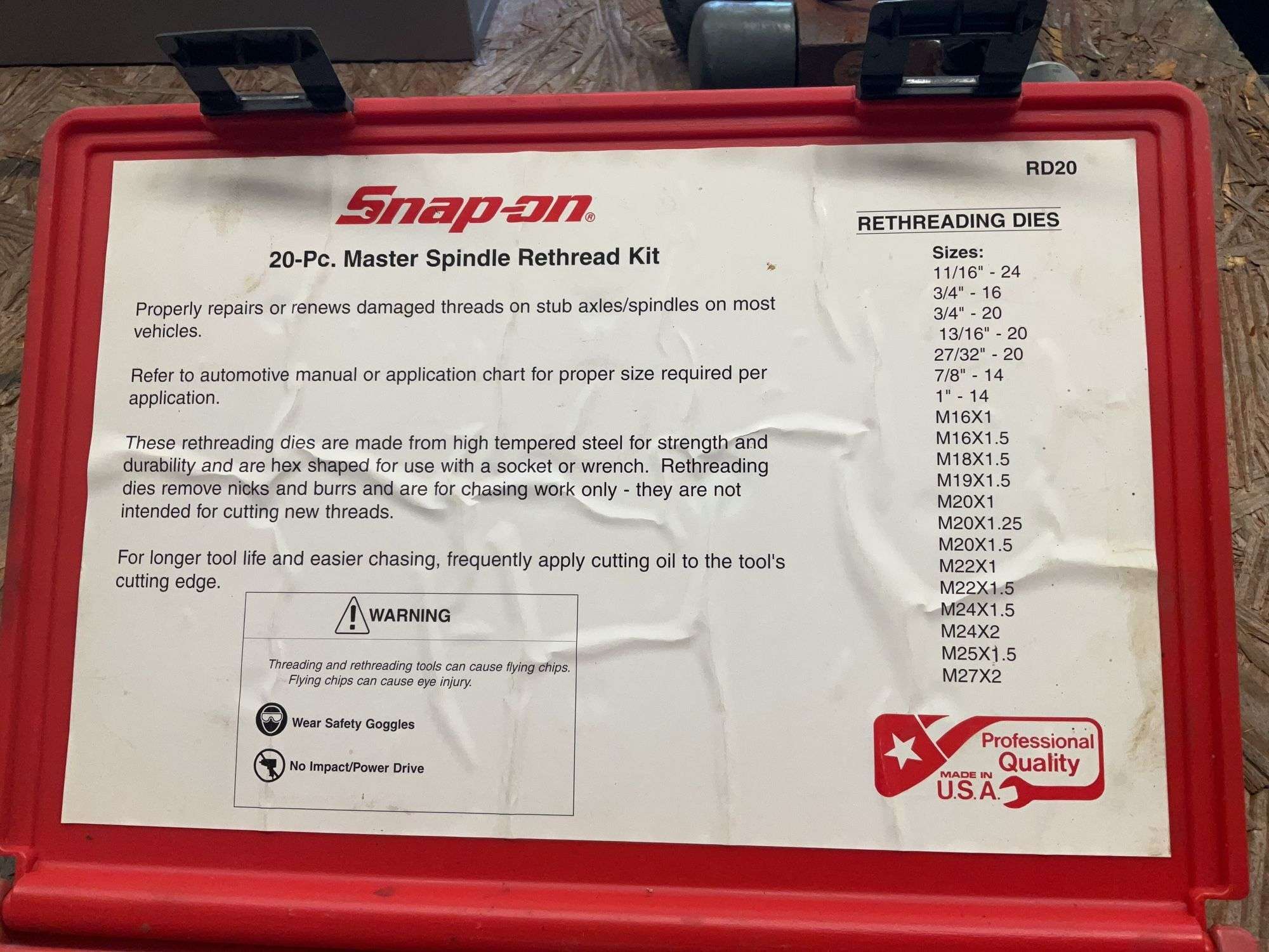 Snap On 20 Piece Master Spindle Rethread Kit - Kaufman Realty & Auctions