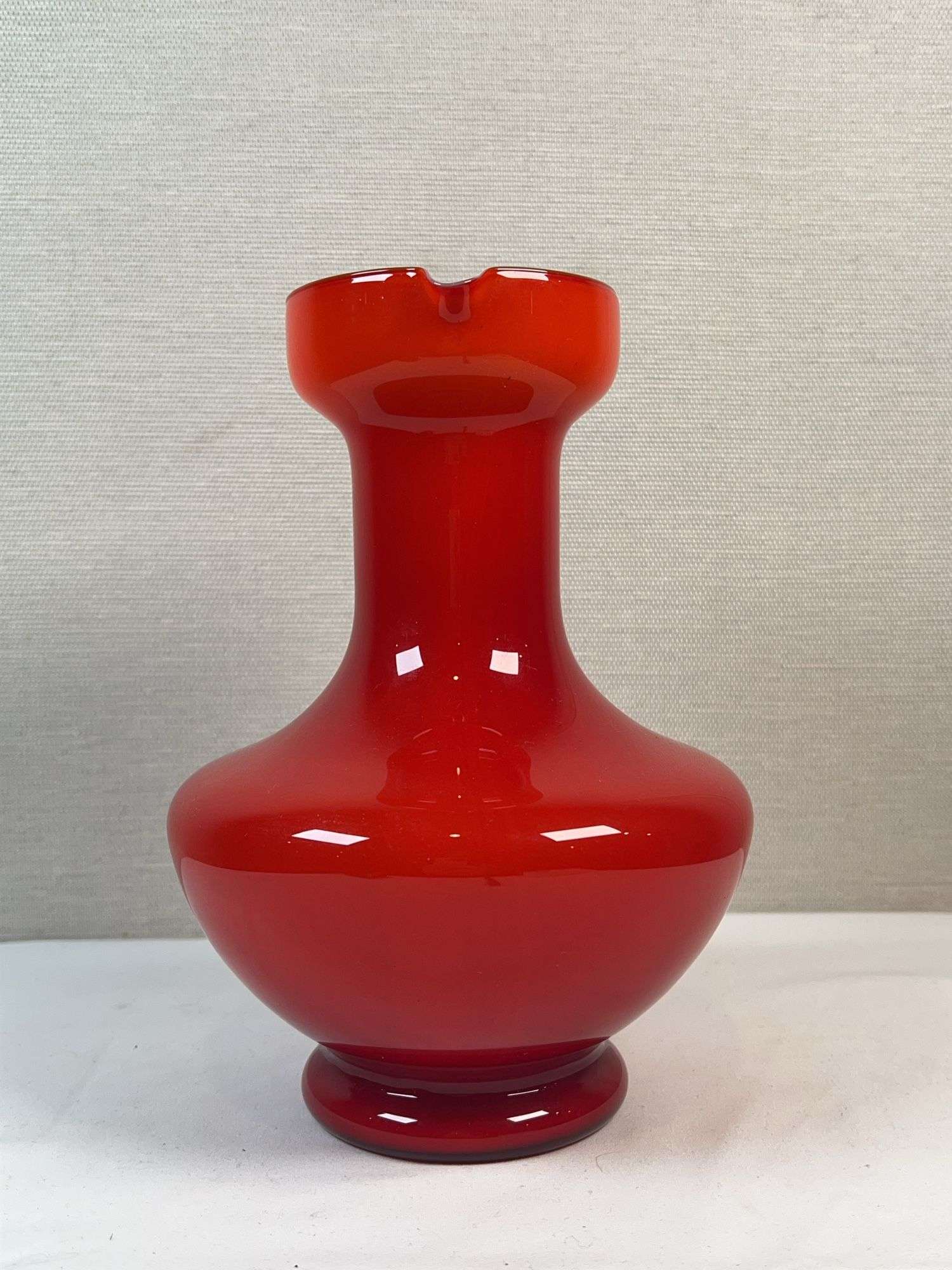 Murano Cased Red Art Glass Pitcher with Cobalt Handle