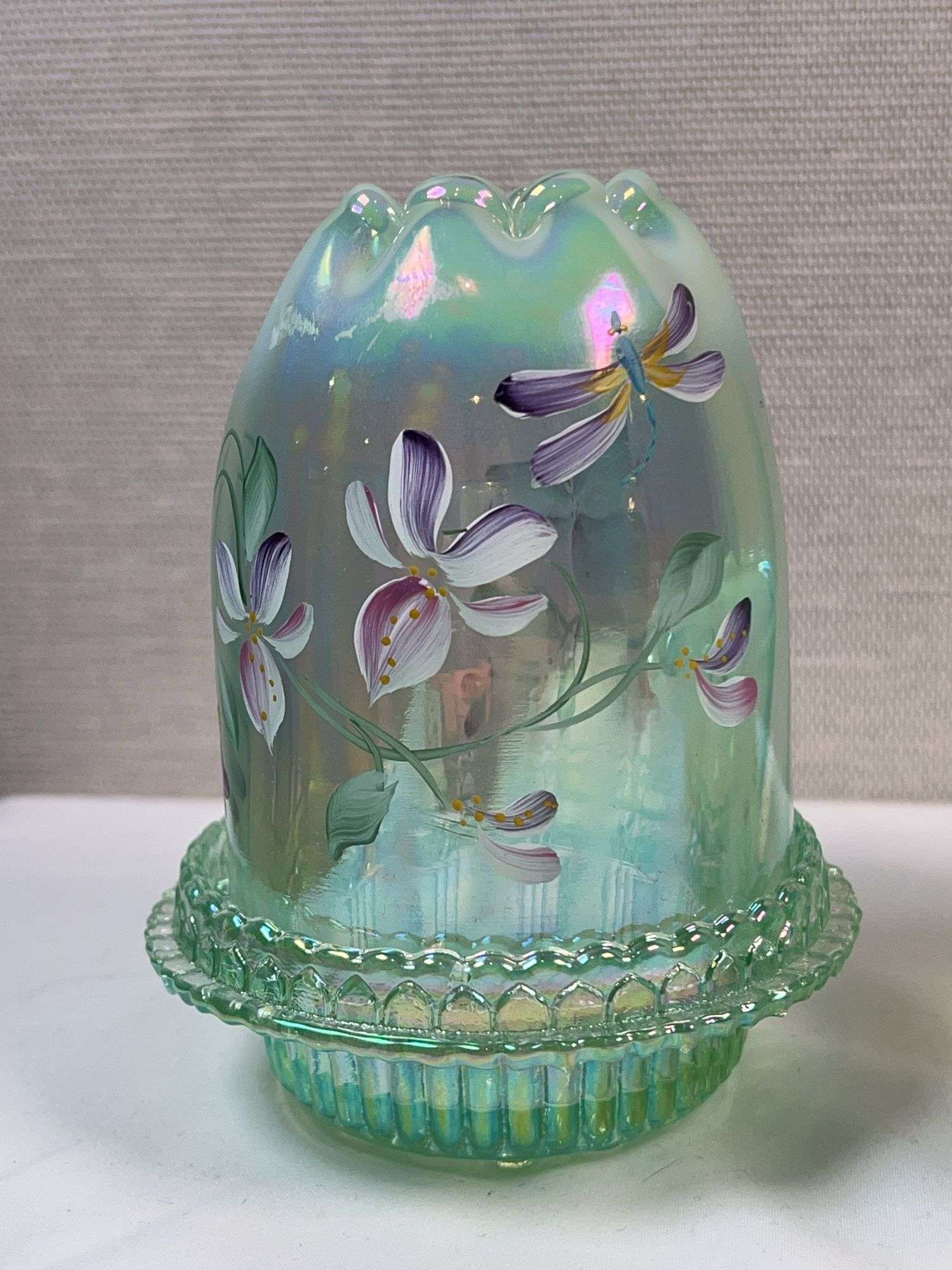 FENTON FAIRY LAMP Sea Mist Green Iridized