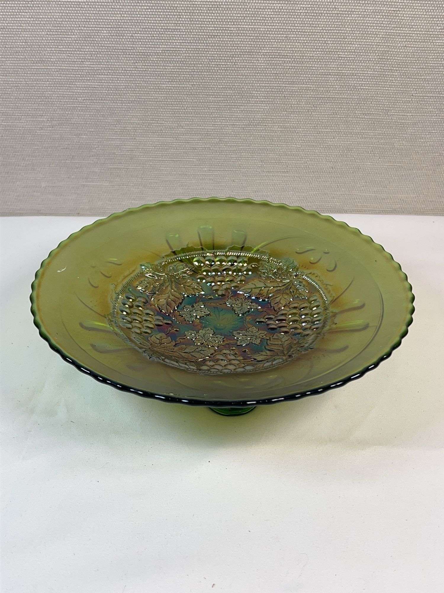 Northwood Green Grape & Cable Carnival Glass Footed Bowl