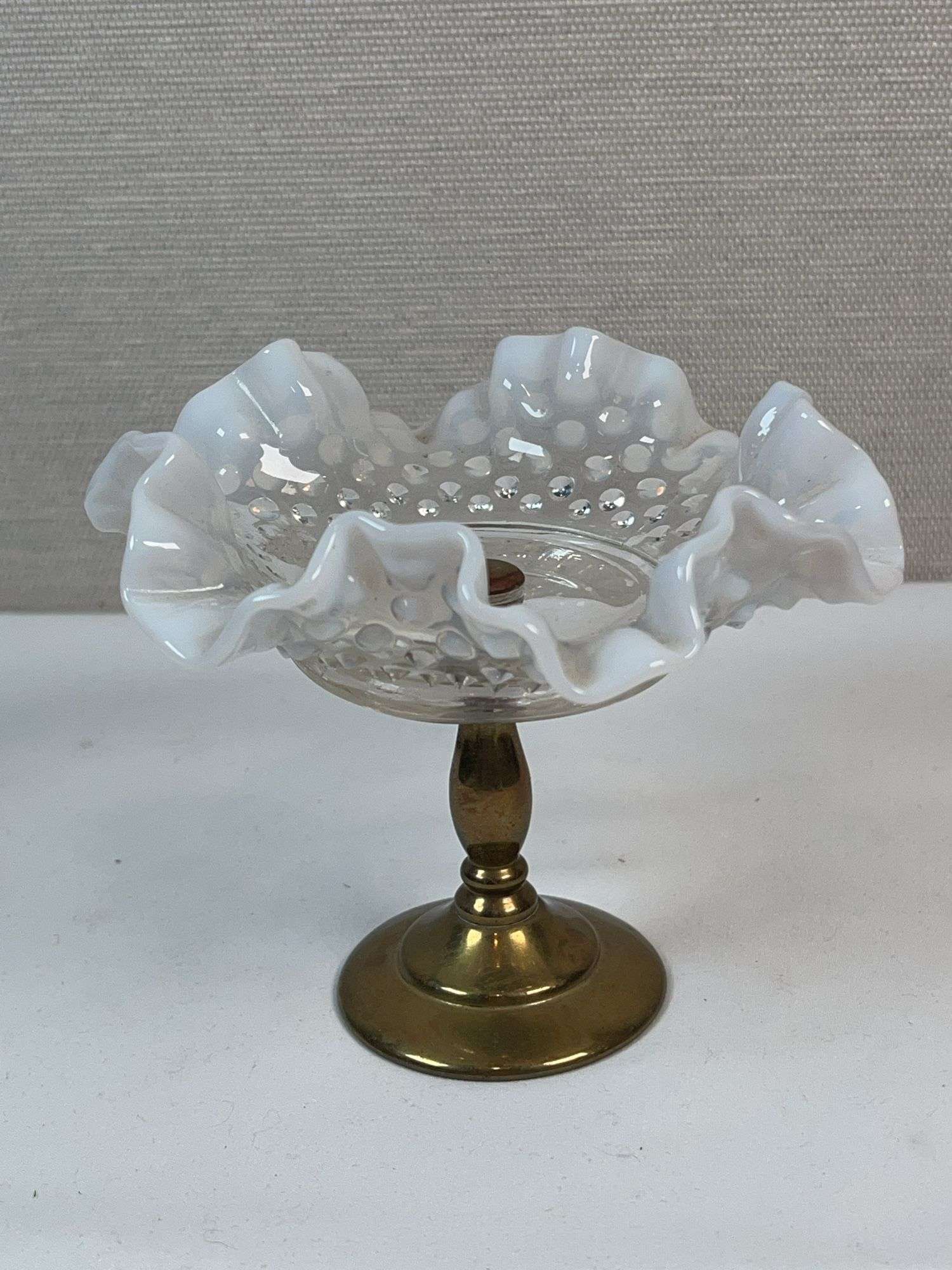 Fenton Hobnail Milk Glass Compote on Brass Base