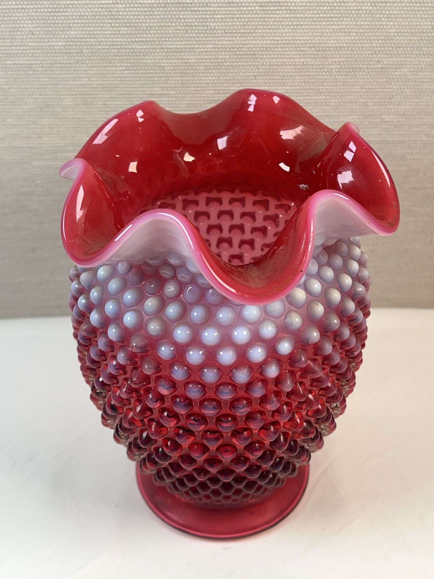 FENTON CRANBERRY OPALESCENT HOBNAIL VASE