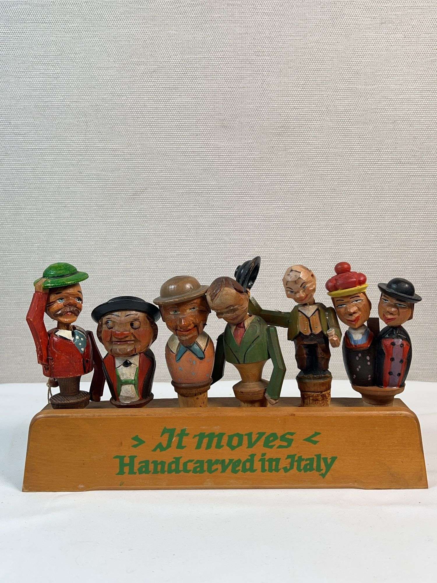 Vintage Hand-Carved Italian “Corkscrew Men” Moving Bottle Stopper Display – 6 Pc Automata Set