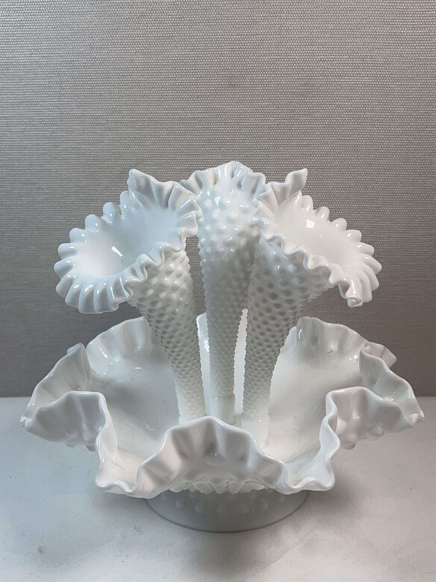 Fenton White Hobnail 3-Horn Epergne