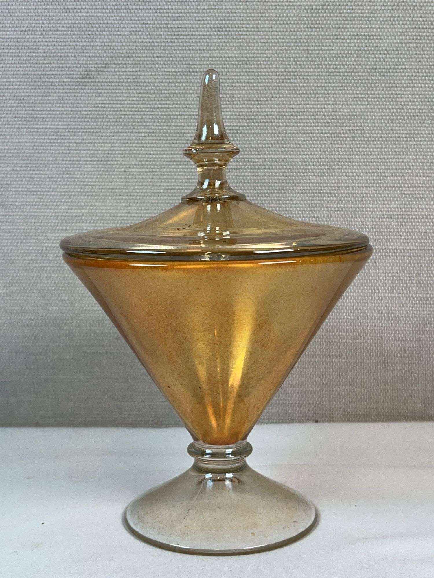 Lancaster Marigold Carnival Glass Covered Compote