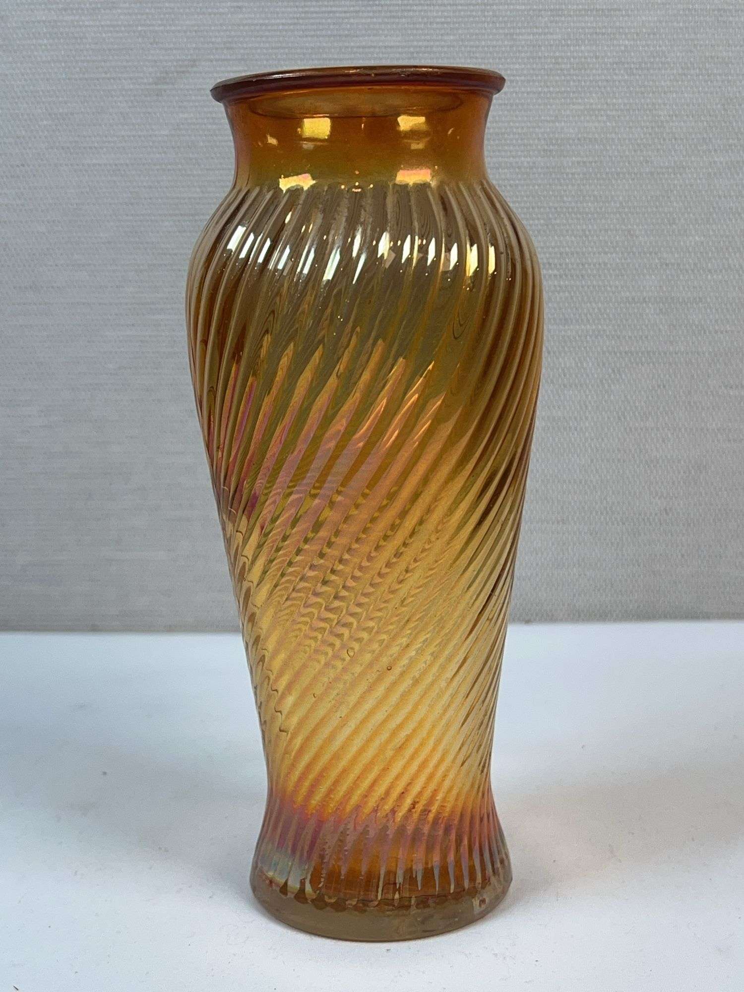 Marigold Carnival Glass Swirl Vase likely Imperial
