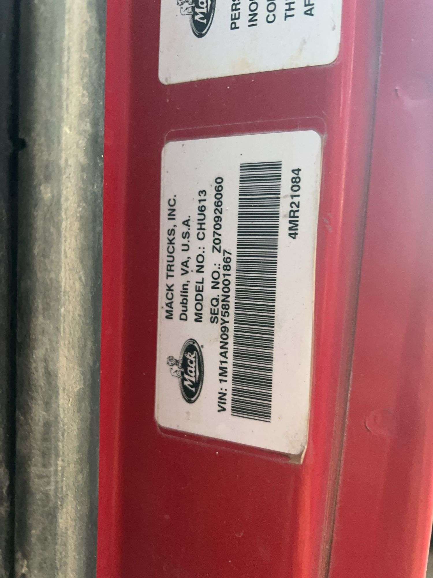 2008 Mack CHU613 showing 63,099 mi, 1,155 hrs- runs