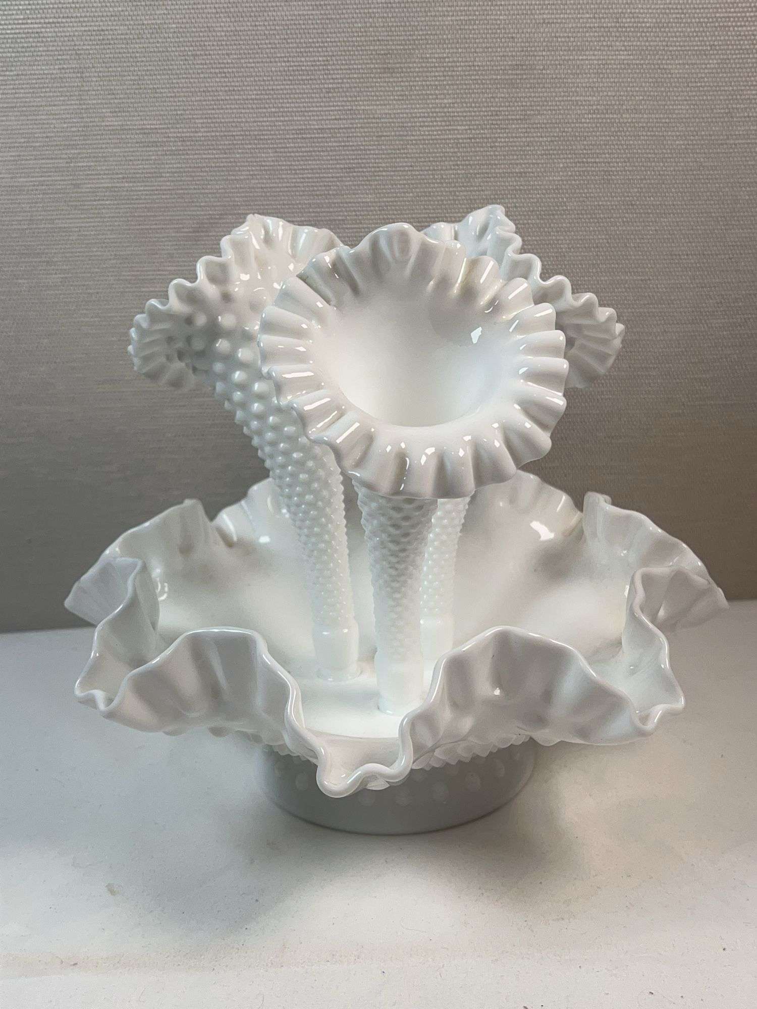Fenton White Hobnail 3-Horn Epergne