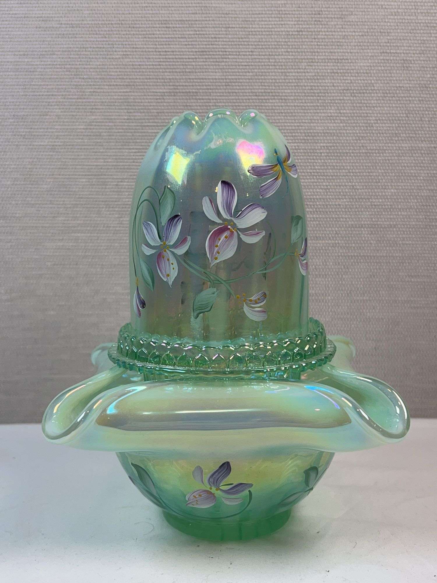 FENTON FAIRY LAMP Sea Mist Green Iridized