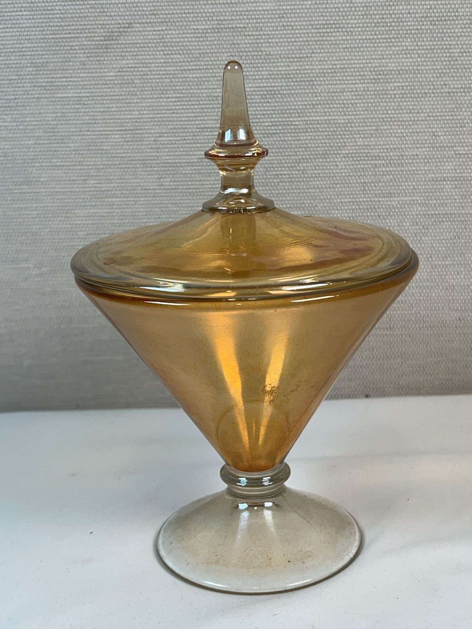 Lancaster Marigold Carnival Glass Covered Compote