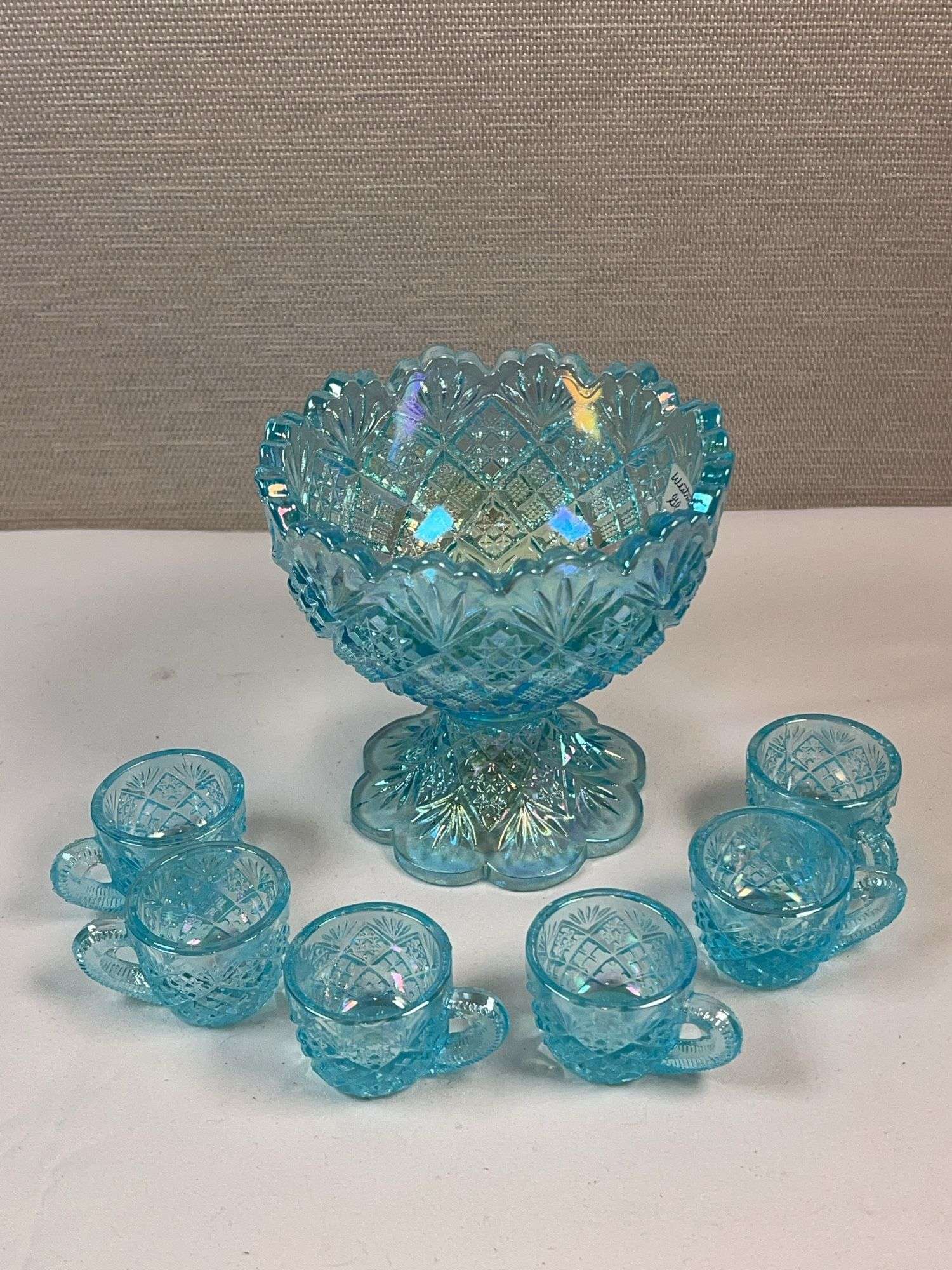 Westmoreland Blue Iridescent Mini Punch Bowl Set w/ 6 Cups – Daisy & Button Pattern