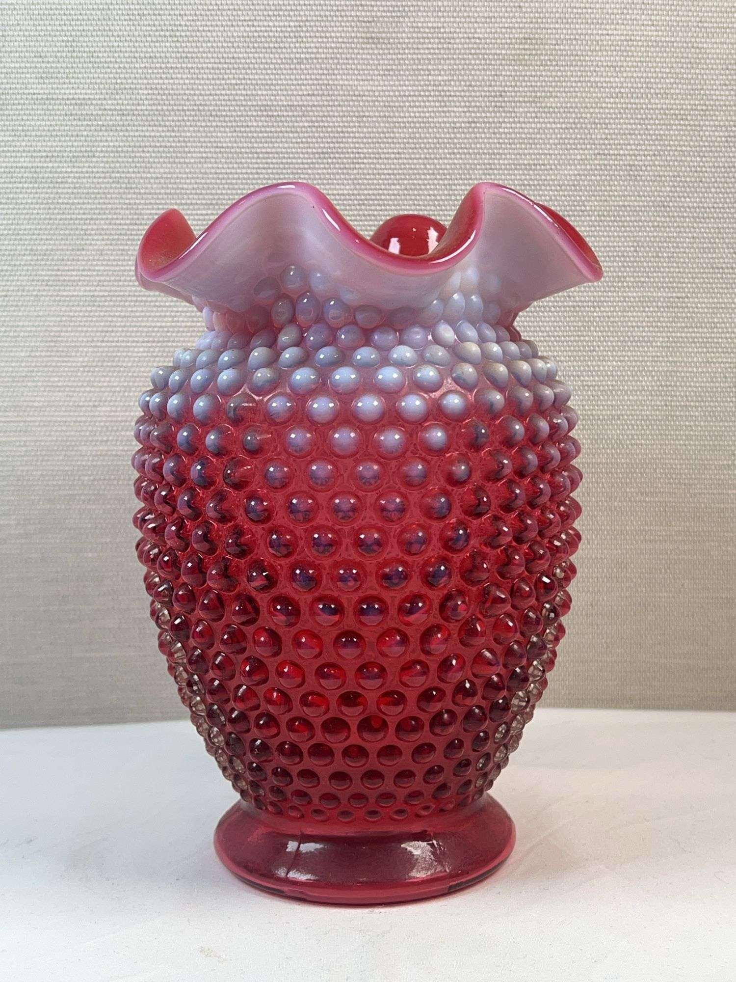 FENTON CRANBERRY OPALESCENT HOBNAIL VASE
