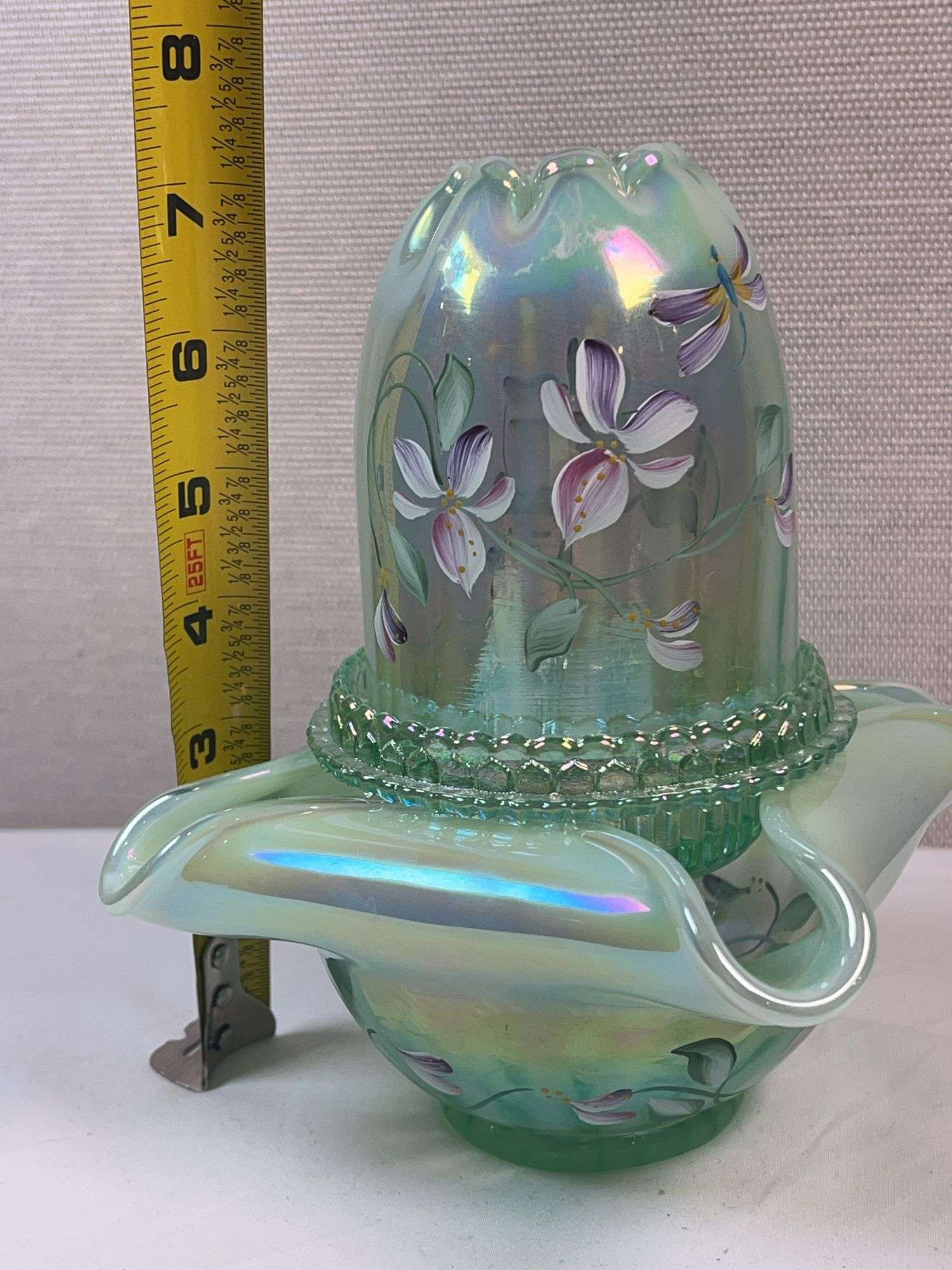 FENTON FAIRY LAMP Sea Mist Green Iridized